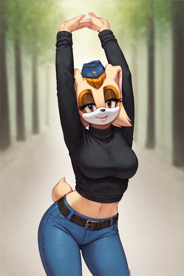 score_9, score_8_up, score_7_up, score_6_up, score_5_up, score_4_up, (Source sonic), (rating safe), vanilla the rabbit, 1girl, solo, outside, wearing blue jeans,  black sweater, shirt cutout, large breasts, brown eyes, looking at viewer, standing, outside, trees, fall weather,  , wide hips, rabbit girl, short hair, body fur, dynamic pose, anime style,flashing belly,cammystretch, stretching,leaning forward,arms up,stomach_punch,Soviet Military uniform,skirt,belt,garrison cap,Lady police 