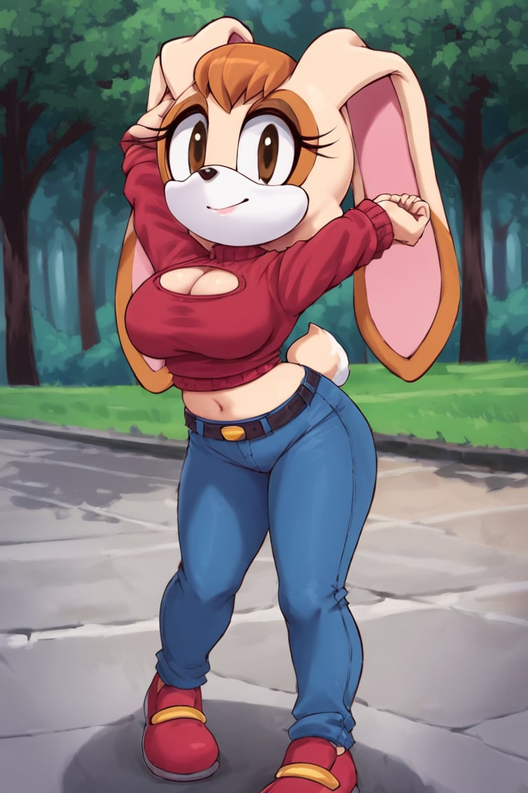 score_9, score_8_up, score_7_up, score_6_up, score_5_up, score_4_up, (Source sonic), (rating safe), vanilla the rabbit, 1girl, solo, outside, wearing blue jeans, red sweater, shirt cutout, large breasts, brown eyes, looking at viewer, standing, outside, trees, fall weather,  , wide hips, rabbit girl, short hair, body fur, dynamic pose, anime style,flashing belly,stomach_punch,cammystretch, stretching,leaning forward,arms up, RakkunVTSDXL,Big_Boobs,Huge_Boobs_Anime,skirt,belt