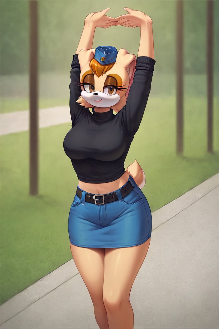 score_9, score_8_up, score_7_up, score_6_up, score_5_up, score_4_up, (Source sonic), (rating safe), vanilla the rabbit, 1girl, solo, outside, wearing blue jeans,  black sweater, shirt cutout, large breasts, brown eyes, looking at viewer, standing, outside, trees, fall weather,  , wide hips, rabbit girl, short hair, body fur, dynamic pose, anime style,flashing belly,cammystretch, stretching,leaning forward,arms up,stomach_punch,Soviet Military uniform,skirt,belt,garrison cap,Lady police 