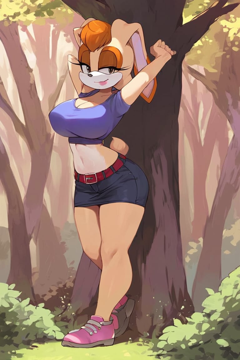 score_9, score_8_up, score_7_up, score_6_up, score_5_up, score_4_up, (Source sonic), (rating safe), vanilla the rabbit, 1girl, solo, outside, wearing black jeans,large breasts, black eyes, looking at viewer, standing, outside, trees, fall weather,  , wide hips, rabbit girl, short hair, body fur, dynamic pose, anime style,flashing belly,stomach_punch,cammystretch, stretching,leaning forward,arms up, RakkunVTSDXL,Big_Boobs,Huge_Boobs_Anime, short skirt,belt