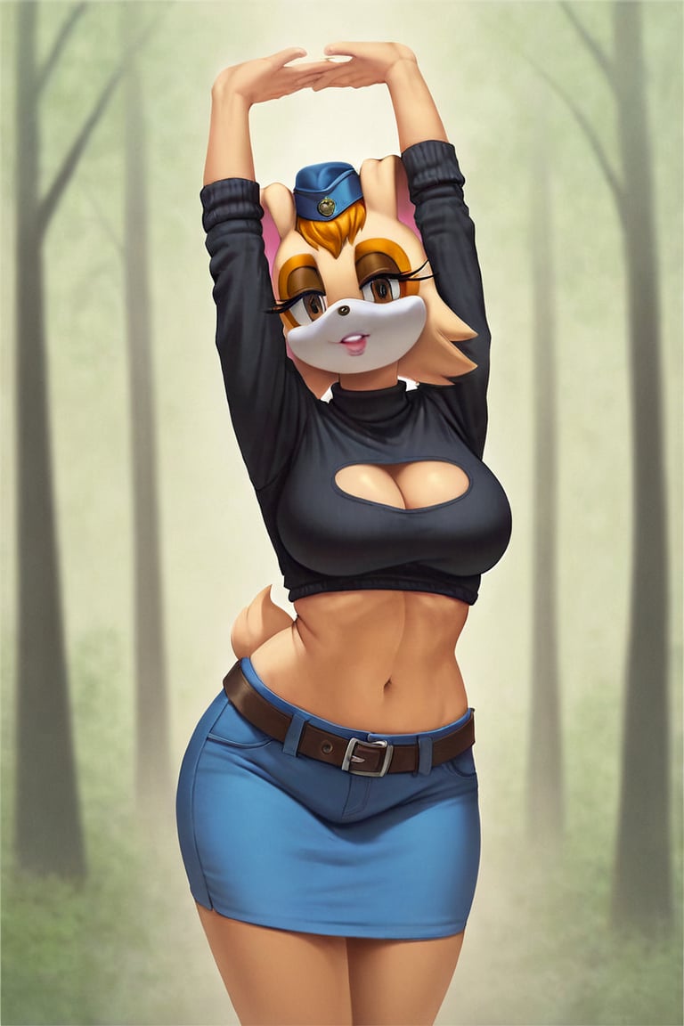 score_9, score_8_up, score_7_up, score_6_up, score_5_up, score_4_up, (Source sonic), (rating safe), vanilla the rabbit, 1girl, solo, outside, wearing blue jeans,  black sweater, shirt cutout, large breasts, brown eyes, looking at viewer, standing, outside, trees, fall weather,  , wide hips, rabbit girl, short hair, body fur, dynamic pose, anime style,flashing belly,cammystretch, stretching,leaning forward,arms up,stomach_punch,Soviet Military uniform,skirt,belt,garrison cap,Lady police 