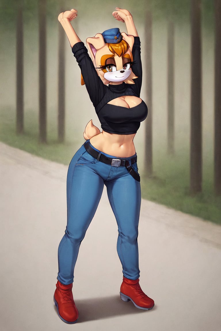 score_9, score_8_up, score_7_up, score_6_up, score_5_up, score_4_up, (Source sonic), (rating safe), vanilla the rabbit, 1girl, solo, outside, wearing blue jeans,  black sweater, shirt cutout, large breasts, brown eyes, looking at viewer, standing, outside, trees, fall weather,  , wide hips, rabbit girl, short hair, body fur, dynamic pose, anime style,flashing belly,cammystretch, stretching,leaning forward,arms up,stomach_punch,Soviet Military uniform,skirt,belt,garrison cap,Lady police 