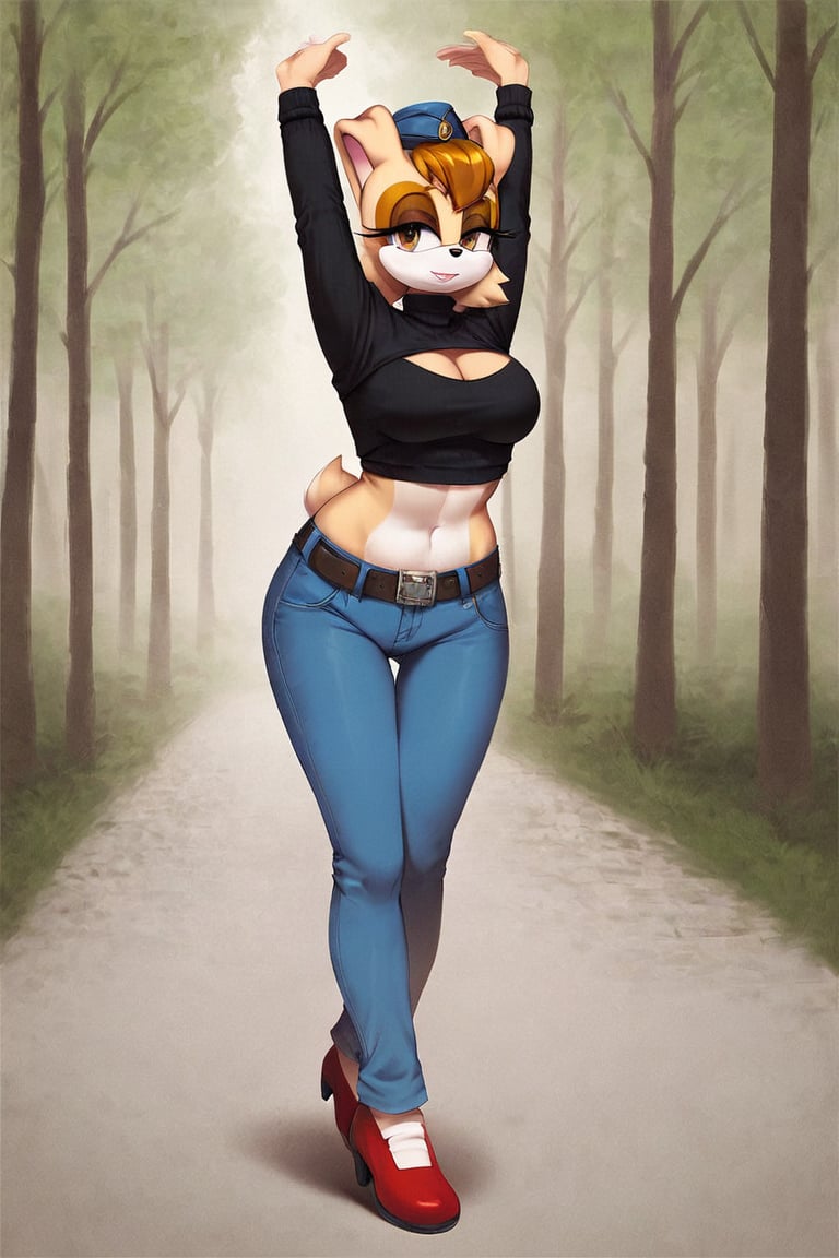 score_9, score_8_up, score_7_up, score_6_up, score_5_up, score_4_up, (Source sonic), (rating safe), vanilla the rabbit, 1girl, solo, outside, wearing blue jeans,  black sweater, shirt cutout, large breasts, brown eyes, looking at viewer, standing, outside, trees, fall weather,  , wide hips, rabbit girl, short hair, body fur, dynamic pose, anime style,flashing belly,cammystretch, stretching,leaning forward,arms up,stomach_punch,Soviet Military uniform,skirt,belt,garrison cap,Lady police 