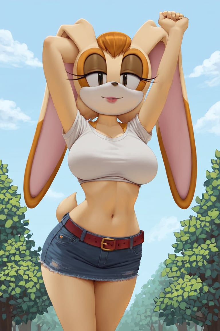 score_9, score_8_up, score_7_up, score_6_up, score_5_up, score_4_up, (Source sonic), (rating safe), vanilla the rabbit, 1girl, solo, outside, wearing black jeans,large breasts, black eyes, looking at viewer, standing, outside, trees, fall weather,  , wide hips, rabbit girl, short hair, body fur, dynamic pose, anime style,flashing belly,stomach_punch,cammystretch, stretching,leaning forward,arms up, RakkunVTSDXL,Big_Boobs,Huge_Boobs_Anime, short skirt,belt