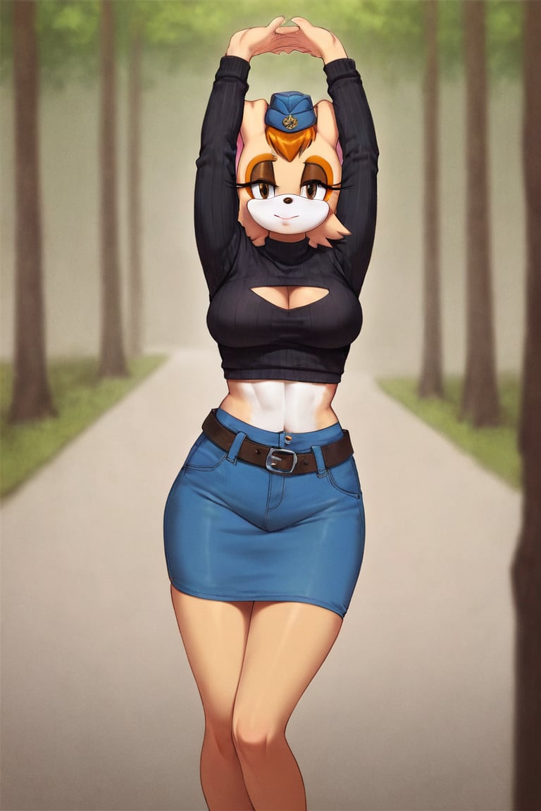 score_9, score_8_up, score_7_up, score_6_up, score_5_up, score_4_up, (Source sonic), (rating safe), vanilla the rabbit, 1girl, solo, outside, wearing blue jeans,  black sweater, shirt cutout, large breasts, brown eyes, looking at viewer, standing, outside, trees, fall weather,  , wide hips, rabbit girl, short hair, body fur, dynamic pose, anime style,flashing belly,cammystretch, stretching,leaning forward,arms up,stomach_punch,Soviet Military uniform,skirt,belt,garrison cap,Lady police 