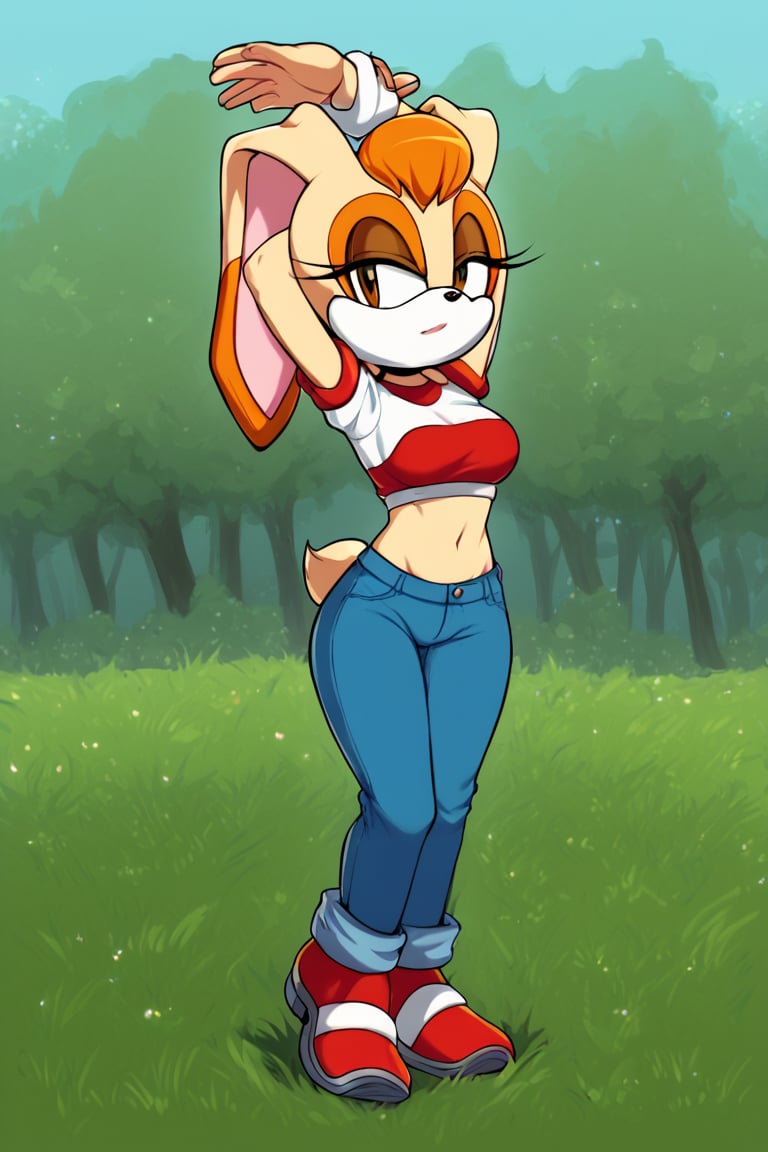 score_9, score_8_up, score_7_up, score_6_up, score_5_up, score_4_up, (Source sonic), (rating safe), vanilla the rabbit, 1girl, solo, outside, wearing blue jeans, white shirt, jacket, large breasts, brown eyes, looking at viewer, standing, outside, trees, fall weather,  , wide hips, rabbit girl, short hair, body fur, hands on hips, anime style,stomach_punch,arms up,cammystretch, stretching,flashing belly,sch00lg1rl