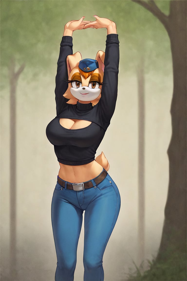 score_9, score_8_up, score_7_up, score_6_up, score_5_up, score_4_up, (Source sonic), (rating safe), vanilla the rabbit, 1girl, solo, outside, wearing blue jeans,  black sweater, shirt cutout, large breasts, brown eyes, looking at viewer, standing, outside, trees, fall weather,  , wide hips, rabbit girl, short hair, body fur, dynamic pose, anime style,flashing belly,cammystretch, stretching,leaning forward,arms up,stomach_punch,Soviet Military uniform,skirt,belt,garrison cap,Lady police 