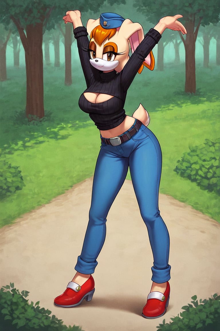 score_9, score_8_up, score_7_up, score_6_up, score_5_up, score_4_up, (Source sonic), (rating safe), vanilla the rabbit, 1girl, solo, outside, wearing blue jeans,  black sweater, shirt cutout, large breasts, brown eyes, looking at viewer, standing, outside, trees, fall weather,  , wide hips, rabbit girl, short hair, body fur, dynamic pose, anime style,flashing belly,cammystretch, stretching,leaning forward,arms up,stomach_punch,Soviet Military uniform,skirt,belt,garrison cap,Lady police 