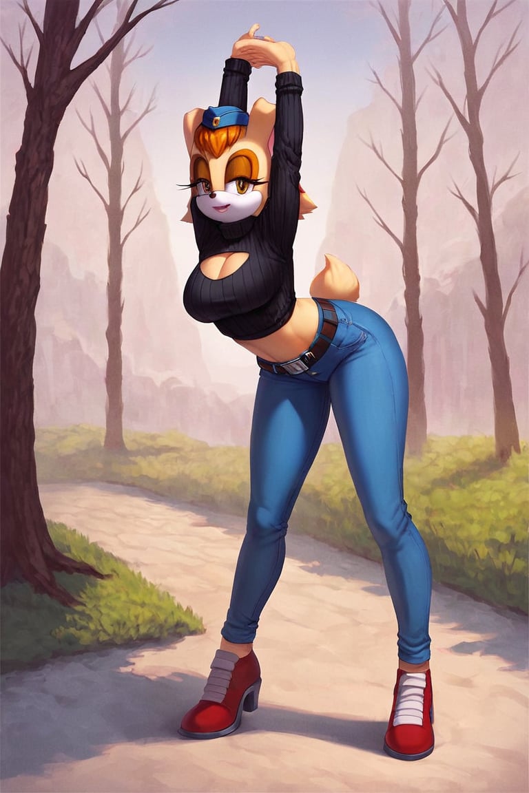 score_9, score_8_up, score_7_up, score_6_up, score_5_up, score_4_up, (Source sonic), (rating safe), vanilla the rabbit, 1girl, solo, outside, wearing blue jeans,  black sweater, shirt cutout, large breasts, brown eyes, looking at viewer, standing, outside, trees, fall weather,  , wide hips, rabbit girl, short hair, body fur, dynamic pose, anime style,flashing belly,cammystretch, stretching,leaning forward,arms up,stomach_punch,Soviet Military uniform,skirt,belt,garrison cap,Lady police 