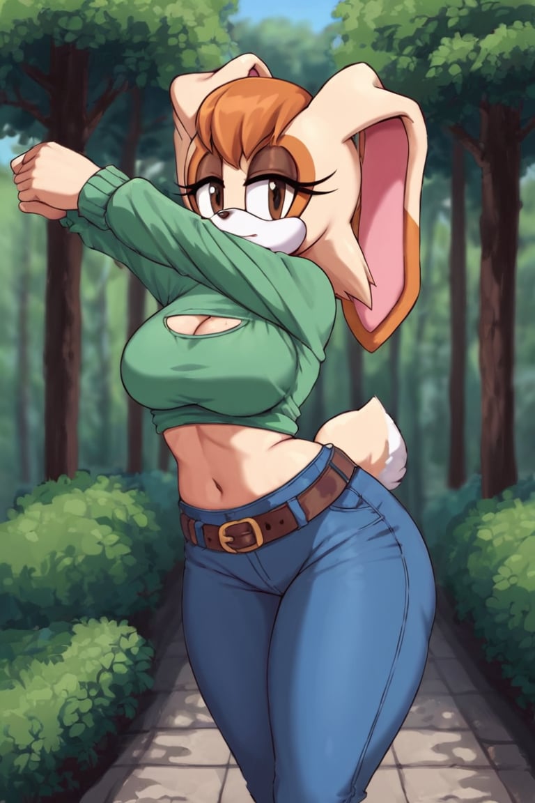 score_9, score_8_up, score_7_up, score_6_up, score_5_up, score_4_up, (Source sonic), (rating safe), vanilla the rabbit, 1girl, solo, outside, wearing blue jeans, green sweater, shirt cutout, large breasts, brown eyes, looking at viewer, standing, outside, trees, fall weather,  , wide hips, rabbit girl, short hair, body fur, dynamic pose, anime style,flashing belly,stomach_punch,cammystretch, stretching,leaning forward,arms up, RakkunVTSDXL,Big_Boobs,Huge_Boobs_Anime,skirt,belt