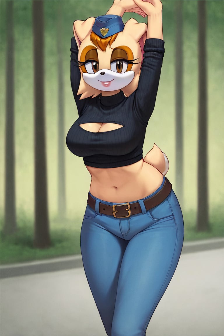 score_9, score_8_up, score_7_up, score_6_up, score_5_up, score_4_up, (Source sonic), (rating safe), vanilla the rabbit, 1girl, solo, outside, wearing blue jeans,  black sweater, shirt cutout, large breasts, brown eyes, looking at viewer, standing, outside, trees, fall weather,  , wide hips, rabbit girl, short hair, body fur, dynamic pose, anime style,flashing belly,cammystretch, stretching,leaning forward,arms up,stomach_punch,Soviet Military uniform,skirt,belt,garrison cap,Lady police 