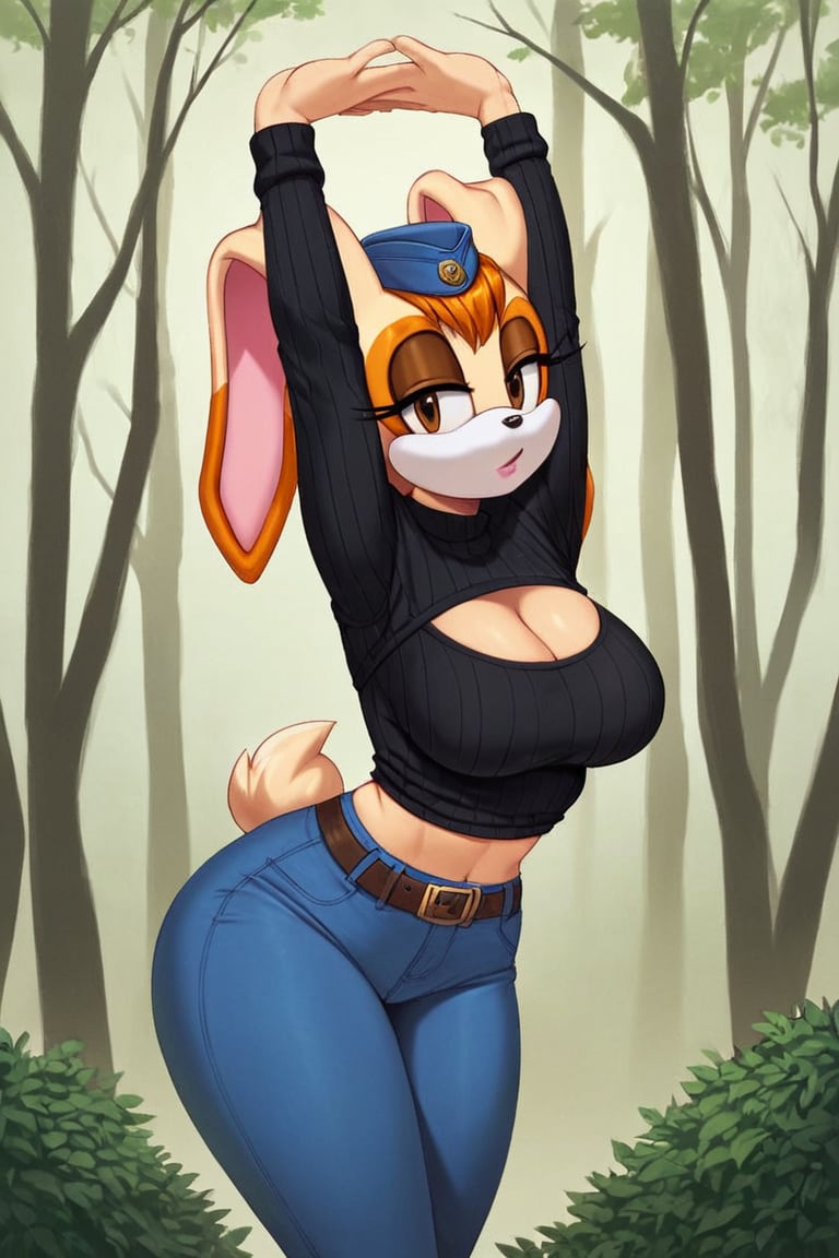 score_9, score_8_up, score_7_up, score_6_up, score_5_up, score_4_up, (Source sonic), (rating safe), vanilla the rabbit, 1girl, solo, outside, wearing blue jeans,  black sweater, shirt cutout, large breasts, brown eyes, looking at viewer, standing, outside, trees, fall weather,  , wide hips, rabbit girl, short hair, body fur, dynamic pose, anime style,flashing belly,cammystretch, stretching,leaning forward,arms up,stomach_punch,Soviet Military uniform,skirt,belt,garrison cap,Lady police 