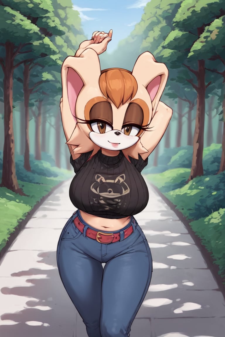 score_9, score_8_up, score_7_up, score_6_up, score_5_up, score_4_up, (Source sonic), (rating safe), vanilla the rabbit, 1girl, solo, outside, wearing black jeans, black sweater, shirt cutout, large breasts, brown eyes, looking at viewer, standing, outside, trees, fall weather,  , wide hips, rabbit girl, short hair, body fur, dynamic pose, anime style,flashing belly,stomach_punch,cammystretch, stretching,leaning forward,arms up, RakkunVTSDXL,Big_Boobs,Huge_Boobs_Anime,skirt,belt