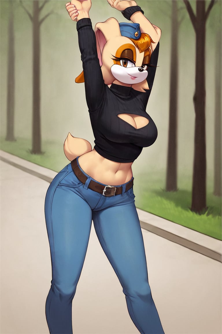 score_9, score_8_up, score_7_up, score_6_up, score_5_up, score_4_up, (Source sonic), (rating safe), vanilla the rabbit, 1girl, solo, outside, wearing blue jeans,  black sweater, shirt cutout, large breasts, brown eyes, looking at viewer, standing, outside, trees, fall weather,  , wide hips, rabbit girl, short hair, body fur, dynamic pose, anime style,flashing belly,cammystretch, stretching,leaning forward,arms up,stomach_punch,Soviet Military uniform,skirt,belt,garrison cap,Lady police 