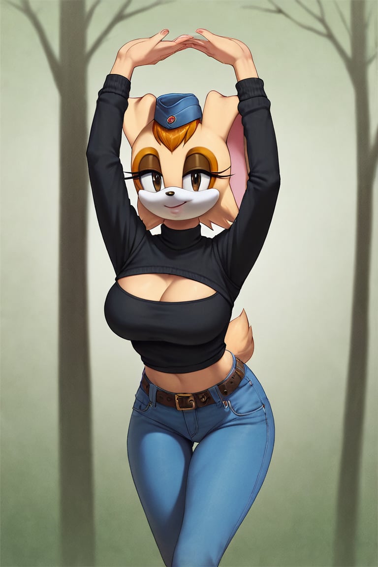 score_9, score_8_up, score_7_up, score_6_up, score_5_up, score_4_up, (Source sonic), (rating safe), vanilla the rabbit, 1girl, solo, outside, wearing blue jeans,  black sweater, shirt cutout, large breasts, brown eyes, looking at viewer, standing, outside, trees, fall weather,  , wide hips, rabbit girl, short hair, body fur, dynamic pose, anime style,flashing belly,cammystretch, stretching,leaning forward,arms up,stomach_punch,Soviet Military uniform,skirt,belt,garrison cap