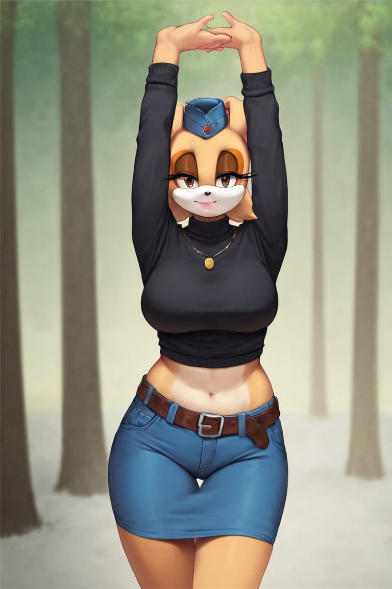 score_9, score_8_up, score_7_up, score_6_up, score_5_up, score_4_up, (Source sonic), (rating safe), vanilla the rabbit, 1girl, solo, outside, wearing blue jeans,  black sweater, shirt cutout, large breasts, brown eyes, looking at viewer, standing, outside, trees, fall weather,  , wide hips, rabbit girl, short hair, body fur, dynamic pose, anime style,flashing belly,cammystretch, stretching,leaning forward,arms up,stomach_punch,Soviet Military uniform,skirt,belt,garrison cap