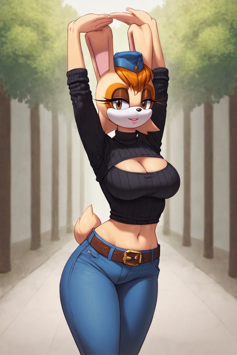 score_9, score_8_up, score_7_up, score_6_up, score_5_up, score_4_up, (Source sonic), (rating safe), vanilla the rabbit, 1girl, solo, outside, wearing blue jeans,  black sweater, shirt cutout, large breasts, brown eyes, looking at viewer, standing, outside, trees, fall weather,  , wide hips, rabbit girl, short hair, body fur, dynamic pose, anime style,flashing belly,cammystretch, stretching,leaning forward,arms up,stomach_punch,Soviet Military uniform,skirt,belt,garrison cap