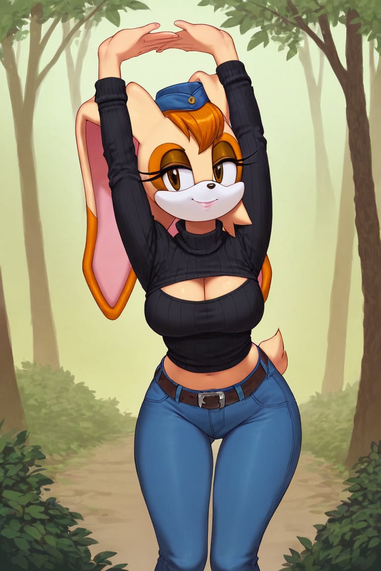 score_9, score_8_up, score_7_up, score_6_up, score_5_up, score_4_up, (Source sonic), (rating safe), vanilla the rabbit, 1girl, solo, outside, wearing blue jeans,  black sweater, shirt cutout, large breasts, brown eyes, looking at viewer, standing, outside, trees, fall weather,  , wide hips, rabbit girl, short hair, body fur, dynamic pose, anime style,flashing belly,cammystretch, stretching,leaning forward,arms up,stomach_punch,Soviet Military uniform,skirt,belt,garrison cap,Lady police 