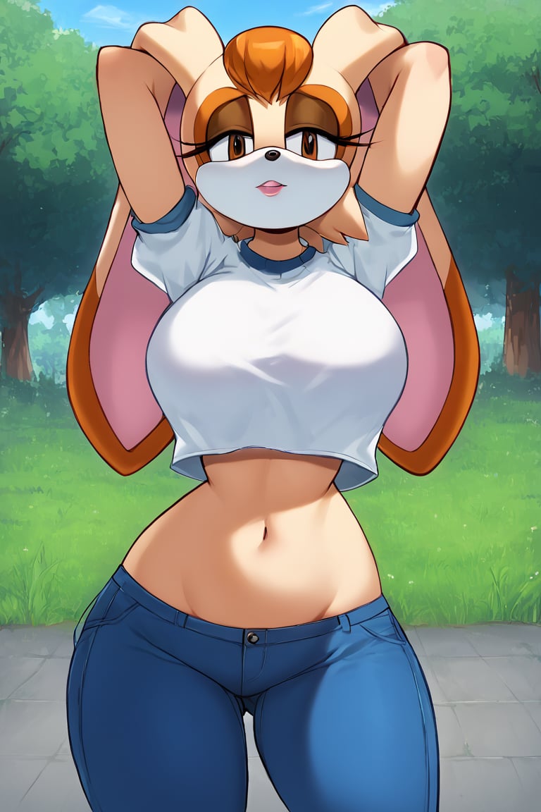 score_9, score_8_up, score_7_up, score_6_up, score_5_up, score_4_up, (Source sonic), (rating safe), vanilla the rabbit, 1girl, solo, outside, wearing blue jeans, white shirt, jacket, large breasts, brown eyes, looking at viewer, standing, outside, trees, fall weather,  , wide hips, rabbit girl, short hair, body fur, hands on hips, anime style,stomach_punch,arms up,cammystretch, stretching,flashing belly,sch00lg1rl