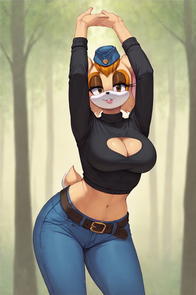 score_9, score_8_up, score_7_up, score_6_up, score_5_up, score_4_up, (Source sonic), (rating safe), vanilla the rabbit, 1girl, solo, outside, wearing blue jeans,  black sweater, shirt cutout, large breasts, brown eyes, looking at viewer, standing, outside, trees, fall weather,  , wide hips, rabbit girl, short hair, body fur, dynamic pose, anime style,flashing belly,cammystretch, stretching,leaning forward,arms up,stomach_punch,Soviet Military uniform,skirt,belt,garrison cap,Lady police 