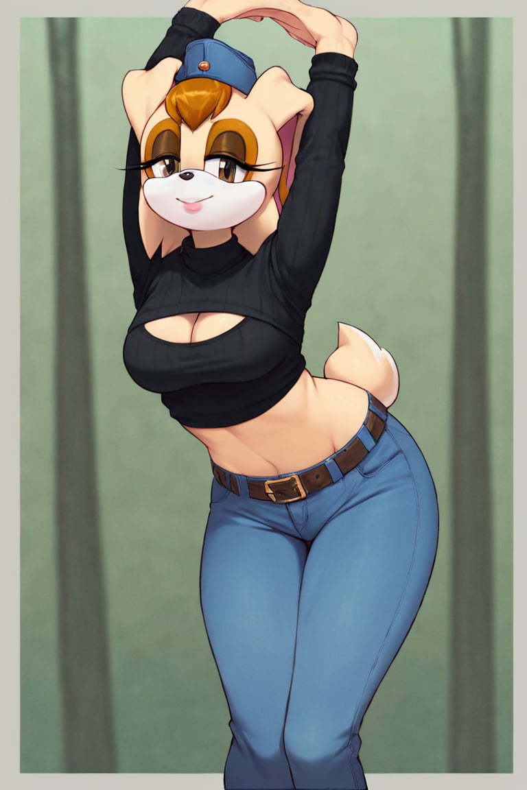 score_9, score_8_up, score_7_up, score_6_up, score_5_up, score_4_up, (Source sonic), (rating safe), vanilla the rabbit, 1girl, solo, outside, wearing blue jeans,  black sweater, shirt cutout, large breasts, brown eyes, looking at viewer, standing, outside, trees, fall weather,  , wide hips, rabbit girl, short hair, body fur, dynamic pose, anime style,flashing belly,cammystretch, stretching,leaning forward,arms up,stomach_punch,Soviet Military uniform,skirt,belt,garrison cap