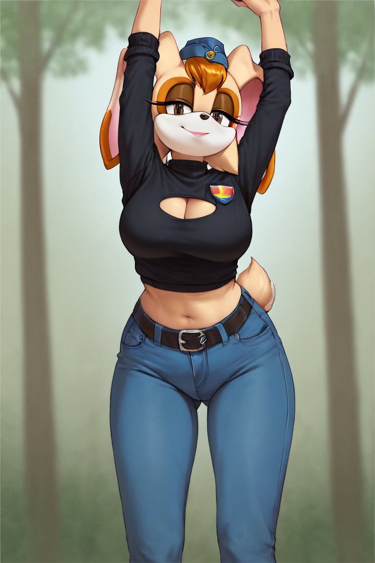 score_9, score_8_up, score_7_up, score_6_up, score_5_up, score_4_up, (Source sonic), (rating safe), vanilla the rabbit, 1girl, solo, outside, wearing blue jeans,  black sweater, shirt cutout, large breasts, brown eyes, looking at viewer, standing, outside, trees, fall weather,  , wide hips, rabbit girl, short hair, body fur, dynamic pose, anime style,flashing belly,cammystretch, stretching,leaning forward,arms up,stomach_punch,Soviet Military uniform,skirt,belt,garrison cap,Lady police 