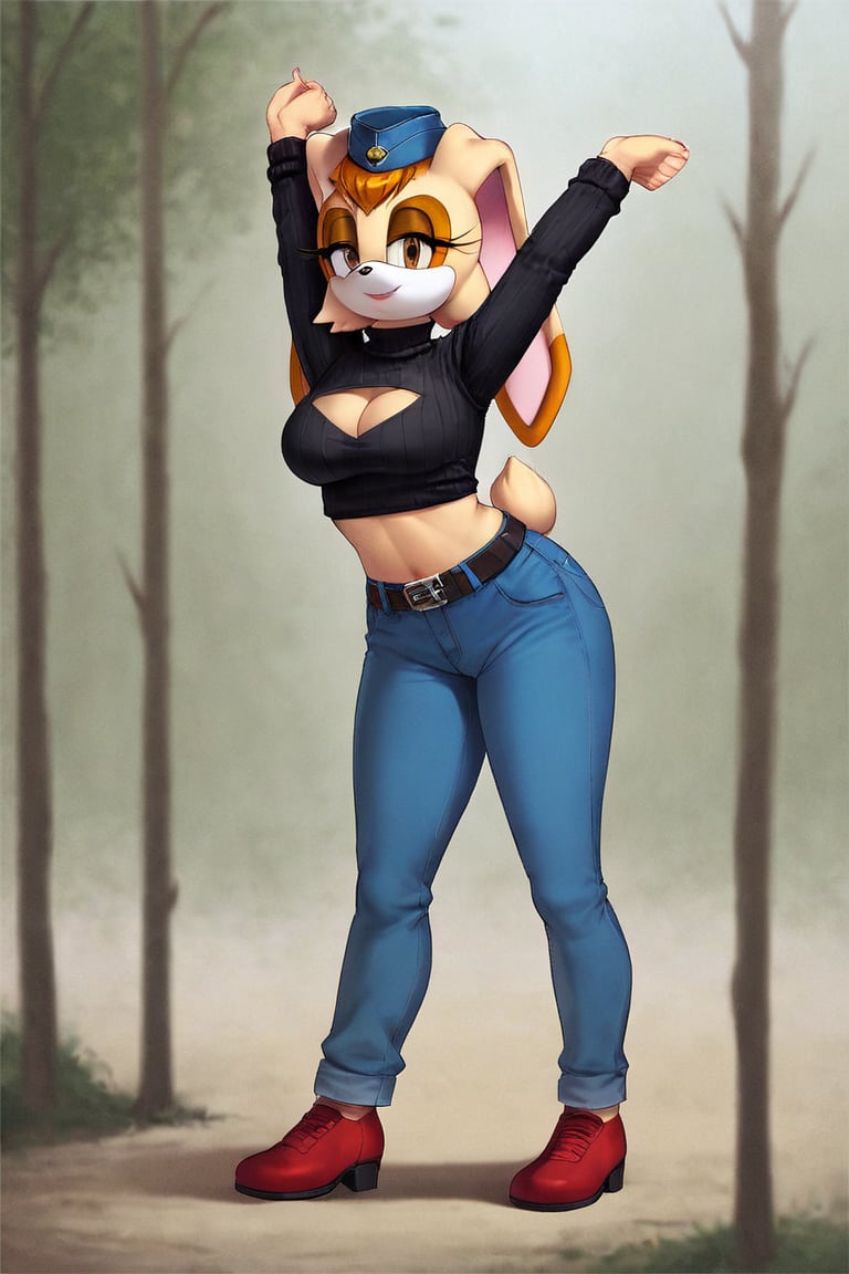 score_9, score_8_up, score_7_up, score_6_up, score_5_up, score_4_up, (Source sonic), (rating safe), vanilla the rabbit, 1girl, solo, outside, wearing blue jeans,  black sweater, shirt cutout, large breasts, brown eyes, looking at viewer, standing, outside, trees, fall weather,  , wide hips, rabbit girl, short hair, body fur, dynamic pose, anime style,flashing belly,cammystretch, stretching,leaning forward,arms up,stomach_punch,Soviet Military uniform,skirt,belt,garrison cap,Lady police 