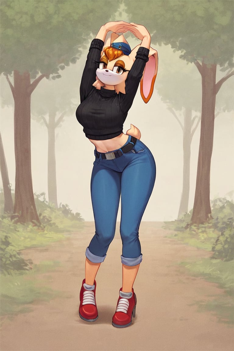 score_9, score_8_up, score_7_up, score_6_up, score_5_up, score_4_up, (Source sonic), (rating safe), vanilla the rabbit, 1girl, solo, outside, wearing blue jeans,  black sweater, shirt cutout, large breasts, brown eyes, looking at viewer, standing, outside, trees, fall weather,  , wide hips, rabbit girl, short hair, body fur, dynamic pose, anime style,flashing belly,cammystretch, stretching,leaning forward,arms up,stomach_punch,Soviet Military uniform,skirt,belt,garrison cap,Lady police 