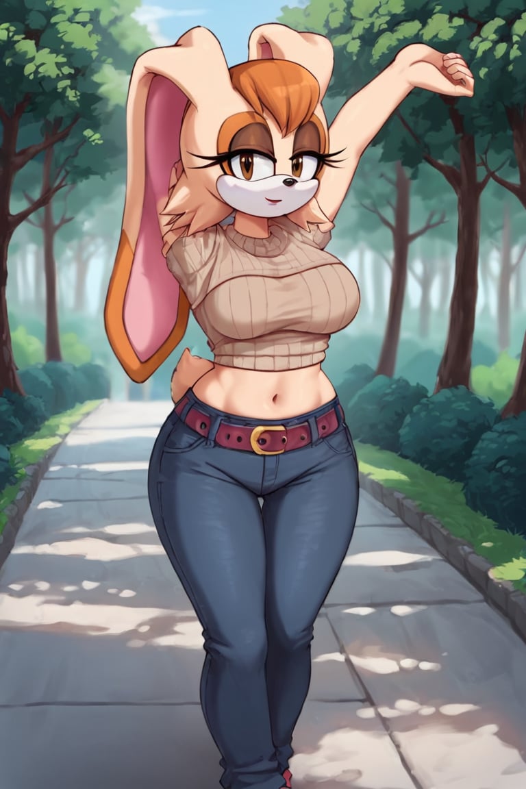 score_9, score_8_up, score_7_up, score_6_up, score_5_up, score_4_up, (Source sonic), (rating safe), vanilla the rabbit, 1girl, solo, outside, wearing black jeans, brown sweater, shirt cutout, large breasts, brown eyes, looking at viewer, standing, outside, trees, fall weather,  , wide hips, rabbit girl, short hair, body fur, dynamic pose, anime style,flashing belly,stomach_punch,cammystretch, stretching,leaning forward,arms up, RakkunVTSDXL,Big_Boobs,Huge_Boobs_Anime,skirt,belt