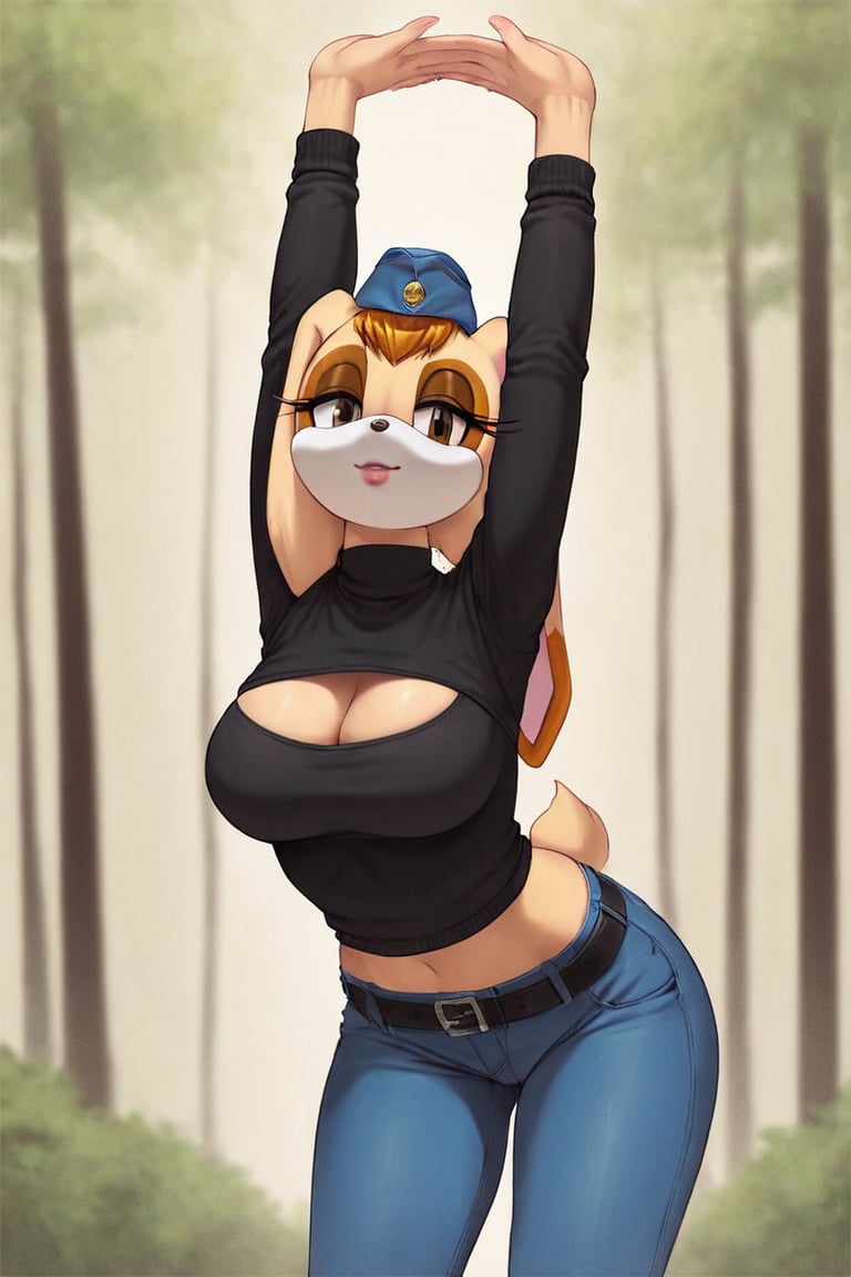 score_9, score_8_up, score_7_up, score_6_up, score_5_up, score_4_up, (Source sonic), (rating safe), vanilla the rabbit, 1girl, solo, outside, wearing blue jeans,  black sweater, shirt cutout, large breasts, brown eyes, looking at viewer, standing, outside, trees, fall weather,  , wide hips, rabbit girl, short hair, body fur, dynamic pose, anime style,flashing belly,cammystretch, stretching,leaning forward,arms up,stomach_punch,Soviet Military uniform,skirt,belt,garrison cap,Lady police 