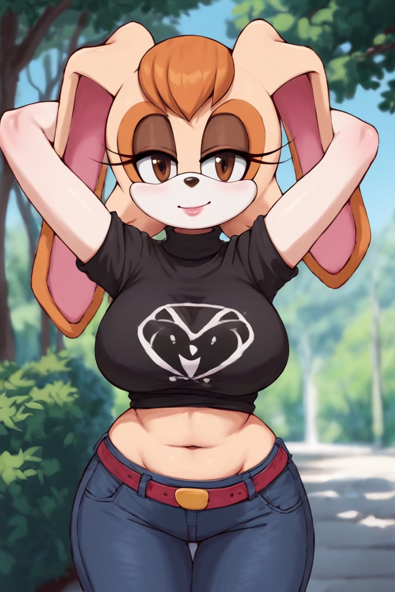 score_9, score_8_up, score_7_up, score_6_up, score_5_up, score_4_up, (Source sonic), (rating safe), vanilla the rabbit, 1girl, solo, outside, wearing black jeans, black sweater, shirt cutout, large breasts, brown eyes, looking at viewer, standing, outside, trees, fall weather,  , wide hips, rabbit girl, short hair, body fur, dynamic pose, anime style,flashing belly,stomach_punch,cammystretch, stretching,leaning forward,arms up, RakkunVTSDXL,Big_Boobs,Huge_Boobs_Anime,skirt,belt