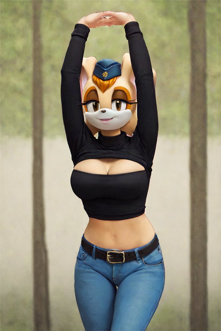 score_9, score_8_up, score_7_up, score_6_up, score_5_up, score_4_up, (Source sonic), (rating safe), vanilla the rabbit, 1girl, solo, outside, wearing blue jeans,  black sweater, shirt cutout, large breasts, brown eyes, looking at viewer, standing, outside, trees, fall weather,  , wide hips, rabbit girl, short hair, body fur, dynamic pose, anime style,flashing belly,cammystretch, stretching,leaning forward,arms up,stomach_punch,Soviet Military uniform,skirt,belt,garrison cap,Lady police 