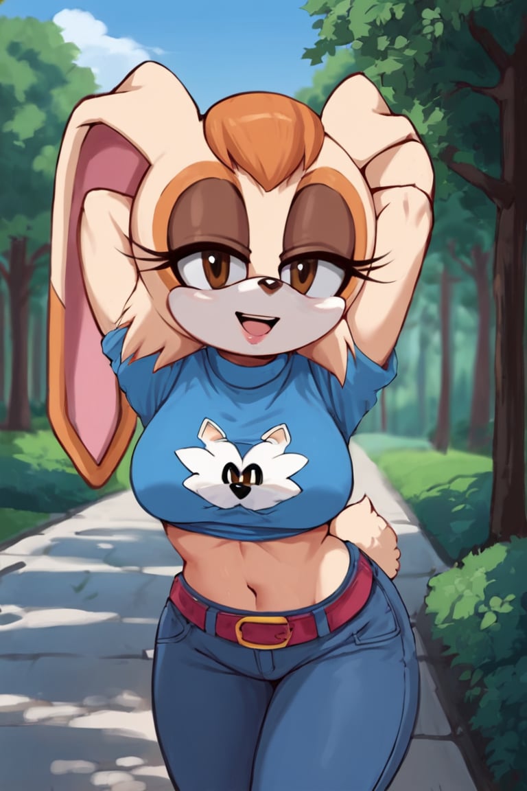 score_9, score_8_up, score_7_up, score_6_up, score_5_up, score_4_up, (Source sonic), (rating safe), vanilla the rabbit, 1girl, solo, outside, wearing blue jeans, blue sweater, shirt cutout, large breasts, brown eyes, looking at viewer, standing, outside, trees, fall weather,  , wide hips, rabbit girl, short hair, body fur, dynamic pose, anime style,flashing belly,stomach_punch,cammystretch, stretching,leaning forward,arms up, RakkunVTSDXL,Big_Boobs,Huge_Boobs_Anime,skirt,belt