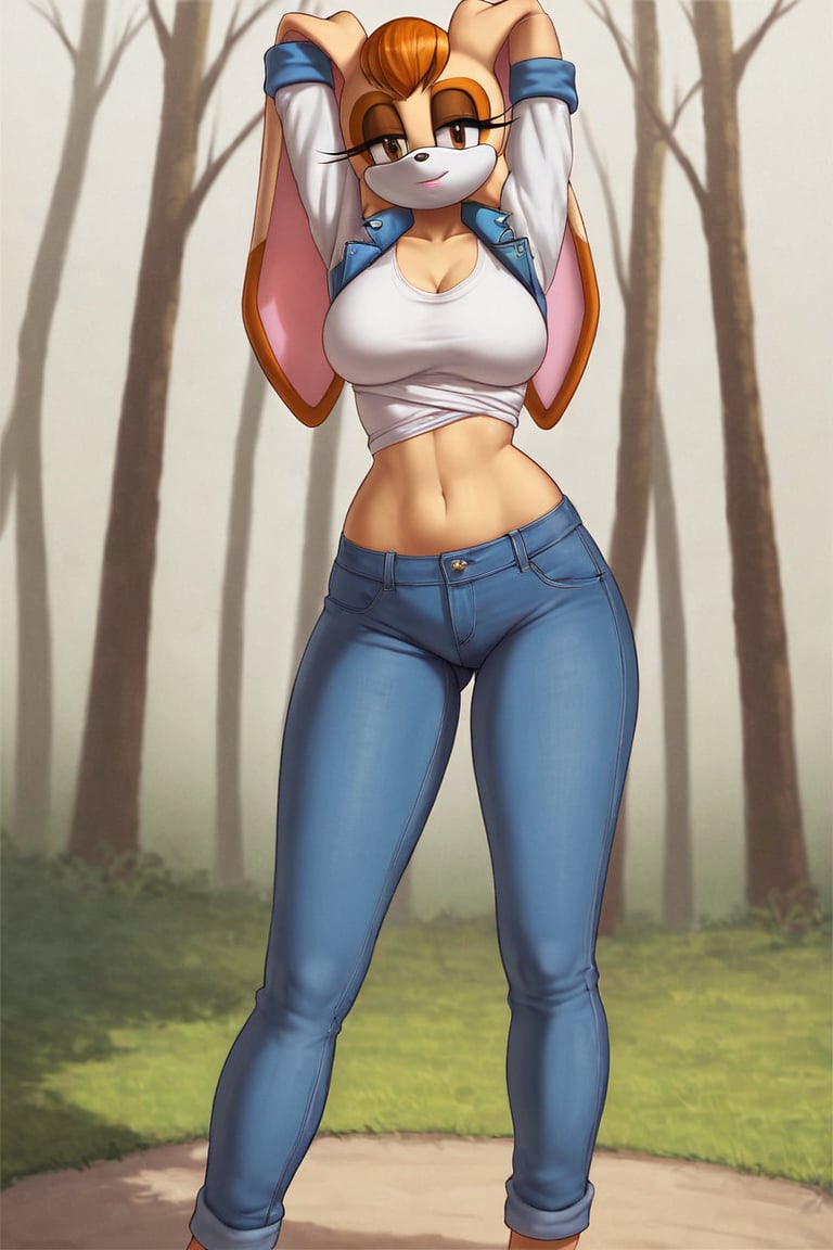 score_9, score_8_up, score_7_up, score_6_up, score_5_up, score_4_up, (Source sonic), (rating safe), vanilla the rabbit, 1girl, solo, outside, wearing blue jeans, white shirt, jacket, large breasts, brown eyes, looking at viewer, standing, outside, trees, fall weather,  , wide hips, rabbit girl, short hair, body fur, hands on hips, anime style,stomach_punch,arms up,cammystretch, stretching,flashing belly,sch00lg1rl