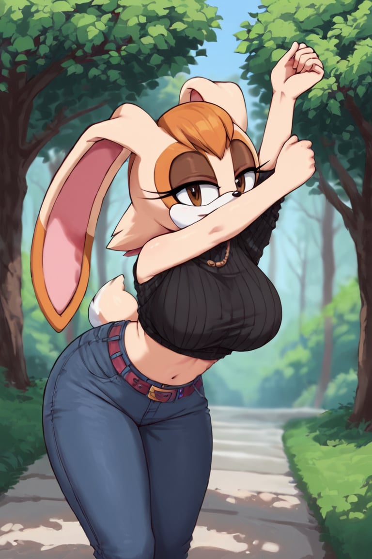 score_9, score_8_up, score_7_up, score_6_up, score_5_up, score_4_up, (Source sonic), (rating safe), vanilla the rabbit, 1girl, solo, outside, wearing black jeans, black sweater, shirt cutout, large breasts, brown eyes, looking at viewer, standing, outside, trees, fall weather,  , wide hips, rabbit girl, short hair, body fur, dynamic pose, anime style,flashing belly,stomach_punch,cammystretch, stretching,leaning forward,arms up, RakkunVTSDXL,Big_Boobs,Huge_Boobs_Anime,skirt,belt