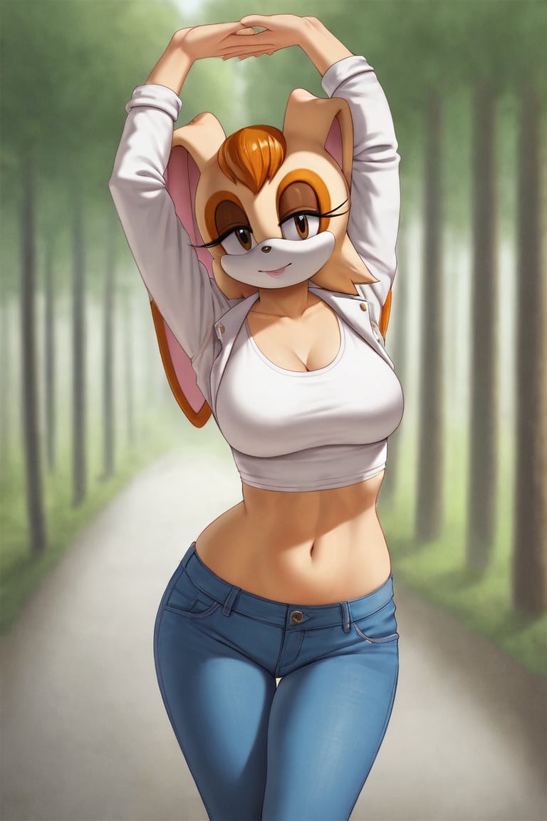 score_9, score_8_up, score_7_up, score_6_up, score_5_up, score_4_up, (Source sonic), (rating safe), vanilla the rabbit, 1girl, solo, outside, wearing blue jeans, white shirt, jacket, large breasts, brown eyes, looking at viewer, standing, outside, trees, fall weather,  , wide hips, rabbit girl, short hair, body fur, hands on hips, anime style,stomach_punch,arms up,cammystretch, stretching,flashing belly,sch00lg1rl