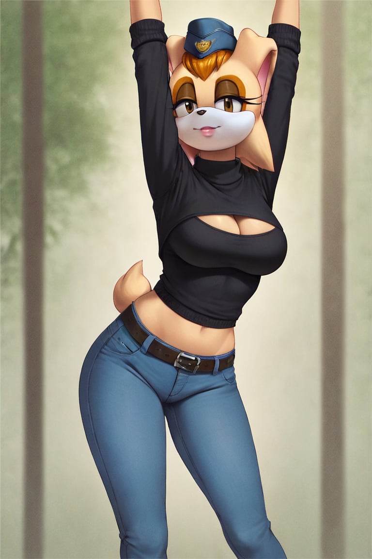 score_9, score_8_up, score_7_up, score_6_up, score_5_up, score_4_up, (Source sonic), (rating safe), vanilla the rabbit, 1girl, solo, outside, wearing blue jeans,  black sweater, shirt cutout, large breasts, brown eyes, looking at viewer, standing, outside, trees, fall weather,  , wide hips, rabbit girl, short hair, body fur, dynamic pose, anime style,flashing belly,cammystretch, stretching,leaning forward,arms up,stomach_punch,Soviet Military uniform,skirt,belt,garrison cap,Lady police 