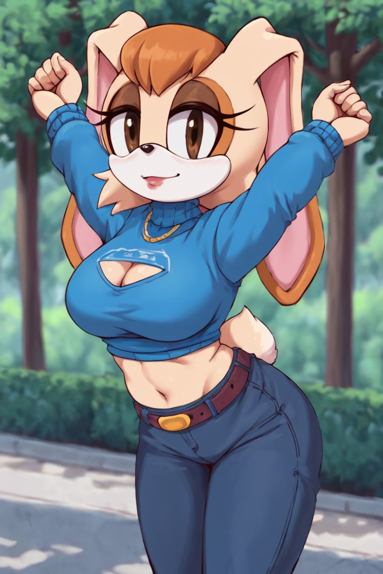 score_9, score_8_up, score_7_up, score_6_up, score_5_up, score_4_up, (Source sonic), (rating safe), vanilla the rabbit, 1girl, solo, outside, wearing blue jeans, blue sweater, shirt cutout, large breasts, brown eyes, looking at viewer, standing, outside, trees, fall weather,  , wide hips, rabbit girl, short hair, body fur, dynamic pose, anime style,flashing belly,stomach_punch,cammystretch, stretching,leaning forward,arms up, RakkunVTSDXL,Big_Boobs,Huge_Boobs_Anime,skirt,belt