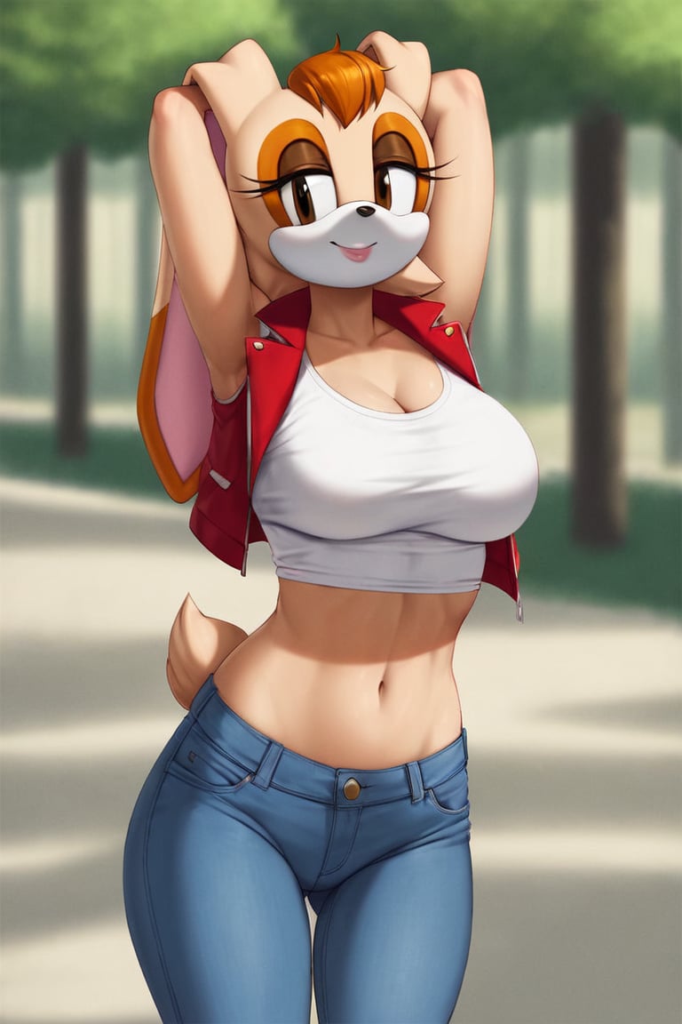 score_9, score_8_up, score_7_up, score_6_up, score_5_up, score_4_up, (Source sonic), (rating safe), vanilla the rabbit, 1girl, solo, outside, wearing blue jeans, white shirt, jacket, large breasts, brown eyes, looking at viewer, standing, outside, trees, fall weather,  , wide hips, rabbit girl, short hair, body fur, hands on hips, anime style,stomach_punch,arms up,cammystretch, stretching,flashing belly,sch00lg1rl