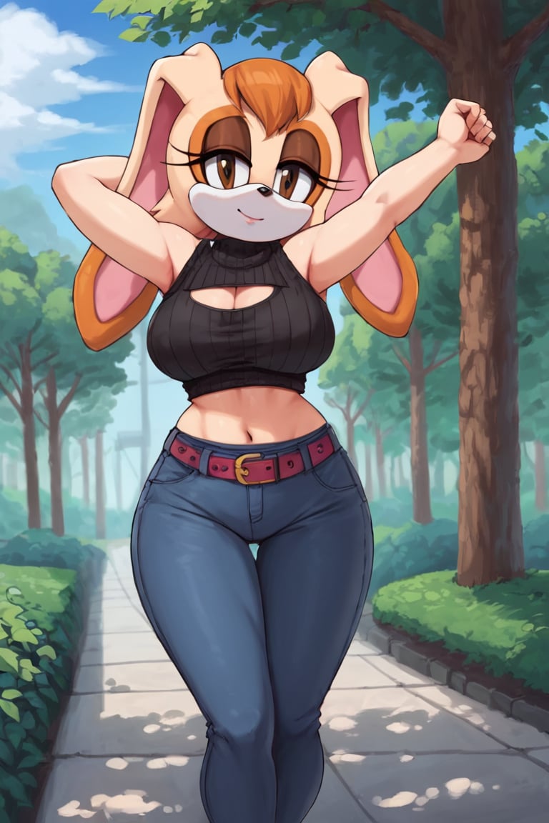 score_9, score_8_up, score_7_up, score_6_up, score_5_up, score_4_up, (Source sonic), (rating safe), vanilla the rabbit, 1girl, solo, outside, wearing black jeans, black sweater, shirt cutout, large breasts, brown eyes, looking at viewer, standing, outside, trees, fall weather,  , wide hips, rabbit girl, short hair, body fur, dynamic pose, anime style,flashing belly,stomach_punch,cammystretch, stretching,leaning forward,arms up, RakkunVTSDXL,Big_Boobs,Huge_Boobs_Anime,skirt,belt