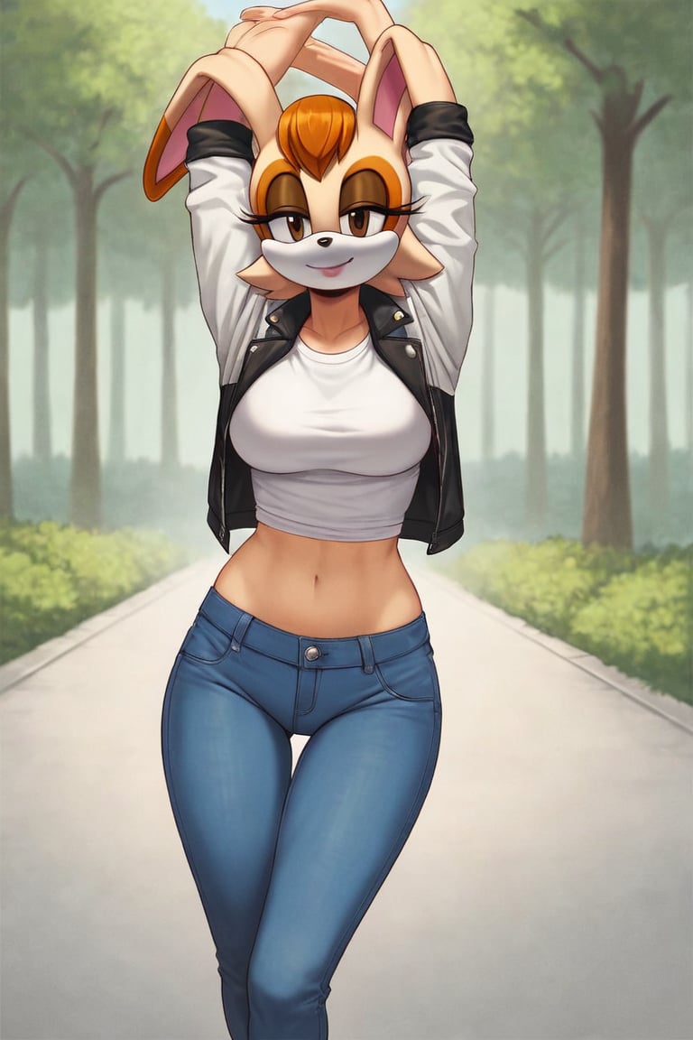 score_9, score_8_up, score_7_up, score_6_up, score_5_up, score_4_up, (Source sonic), (rating safe), vanilla the rabbit, 1girl, solo, outside, wearing blue jeans, white shirt, jacket, large breasts, brown eyes, looking at viewer, standing, outside, trees, fall weather,  , wide hips, rabbit girl, short hair, body fur, hands on hips, anime style,stomach_punch,arms up,cammystretch, stretching,flashing belly,sch00lg1rl