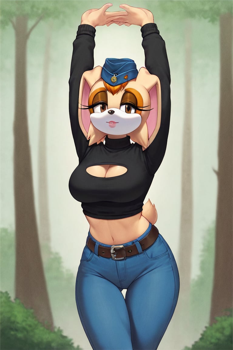 score_9, score_8_up, score_7_up, score_6_up, score_5_up, score_4_up, (Source sonic), (rating safe), vanilla the rabbit, 1girl, solo, outside, wearing blue jeans,  black sweater, shirt cutout, large breasts, brown eyes, looking at viewer, standing, outside, trees, fall weather,  , wide hips, rabbit girl, short hair, body fur, dynamic pose, anime style,flashing belly,cammystretch, stretching,leaning forward,arms up,stomach_punch,Soviet Military uniform,skirt,belt,garrison cap,Lady police 