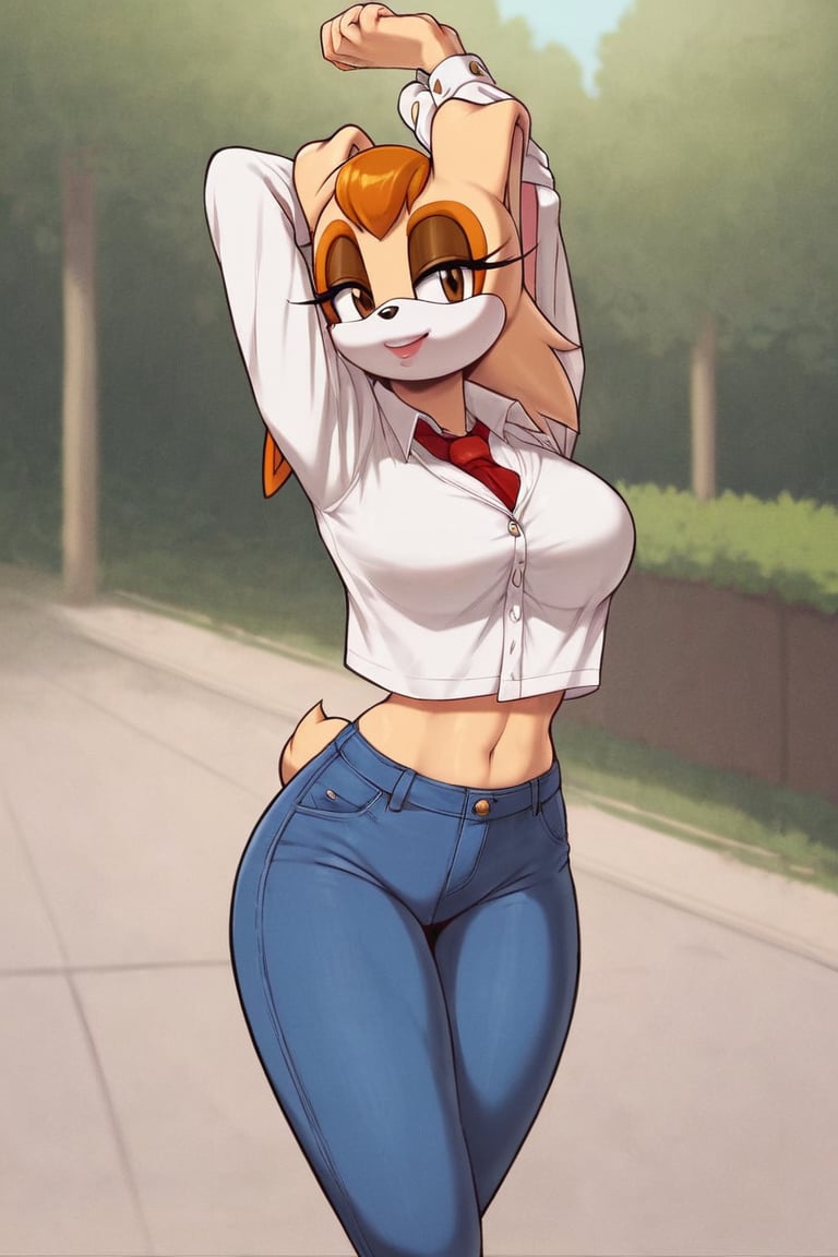 score_9, score_8_up, score_7_up, score_6_up, score_5_up, score_4_up, (Source sonic), (rating safe), vanilla the rabbit, 1girl, solo, outside, wearing blue jeans, white shirt, jacket, large breasts, brown eyes, looking at viewer, standing, outside, trees, fall weather,  , wide hips, rabbit girl, short hair, body fur, hands on hips, anime style,stomach_punch,arms up,cammystretch, stretching,flashing belly,sch00lg1rl