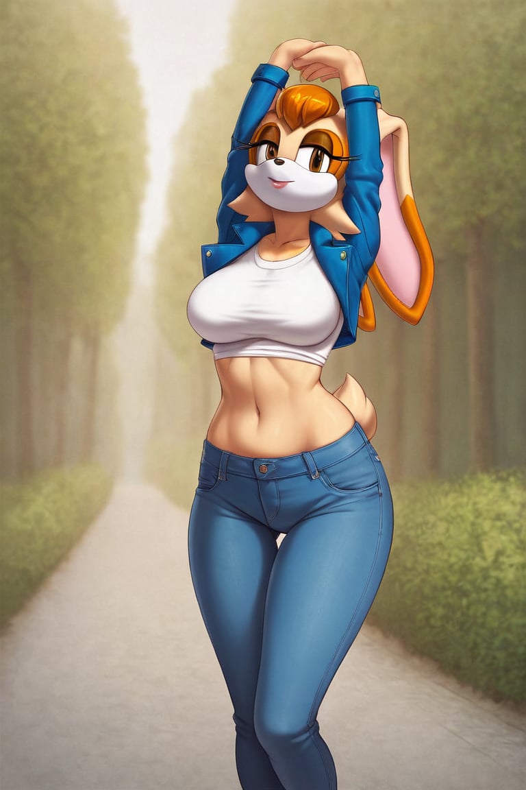 score_9, score_8_up, score_7_up, score_6_up, score_5_up, score_4_up, (Source sonic), (rating safe), vanilla the rabbit, 1girl, solo, outside, wearing blue jeans, white shirt, jacket, large breasts, brown eyes, looking at viewer, standing, outside, trees, fall weather,  , wide hips, rabbit girl, short hair, body fur, hands on hips, anime style,stomach_punch,arms up,cammystretch, stretching,flashing belly,sch00lg1rl