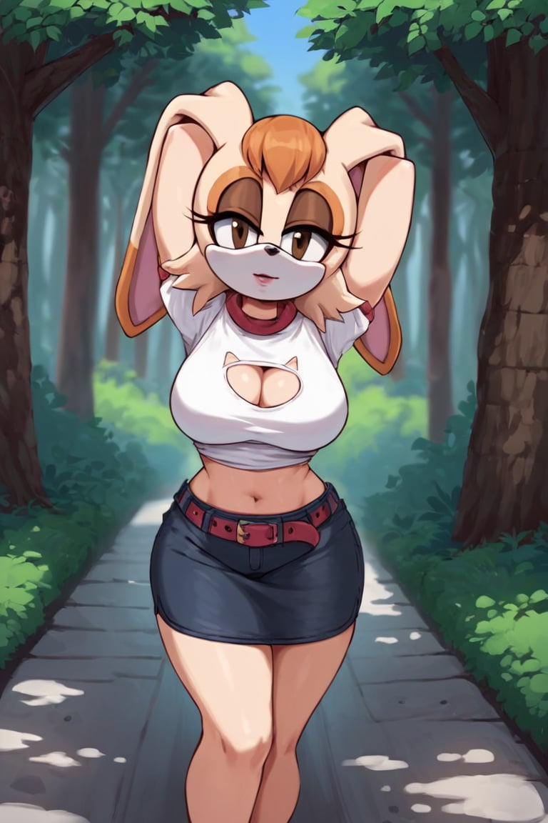 score_9, score_8_up, score_7_up, score_6_up, score_5_up, score_4_up, (Source sonic), (rating safe), vanilla the rabbit, 1girl, solo, outside, wearing black jeans, white sweater, shirt cutout, large breasts, brown eyes, looking at viewer, standing, outside, trees, fall weather,  , wide hips, rabbit girl, short hair, body fur, dynamic pose, anime style,flashing belly,stomach_punch,cammystretch, stretching,leaning forward,arms up, RakkunVTSDXL,Big_Boobs,Huge_Boobs_Anime,skirt,belt