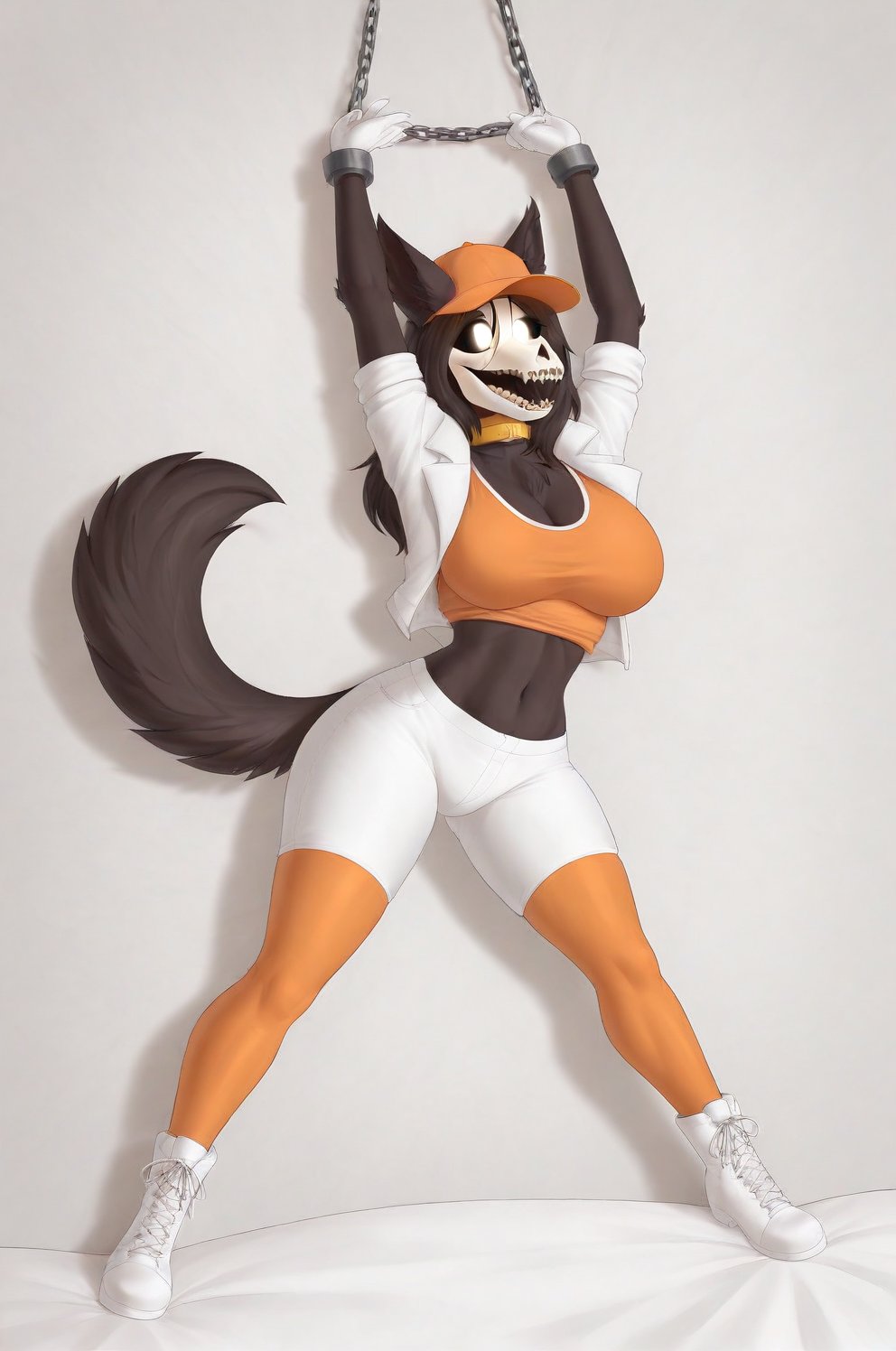 MalOXL, furry female, masterpiece, high quality, large breasts, scp-1471, black fur, orange top, white pants, white jacket, flashing belly,arms up,cammystretch, stretching, lying in bed, white boots, white gloves, golden chained hands, orange stockings, orange hat,  golden collar, white gloves, big boobs, chained legs