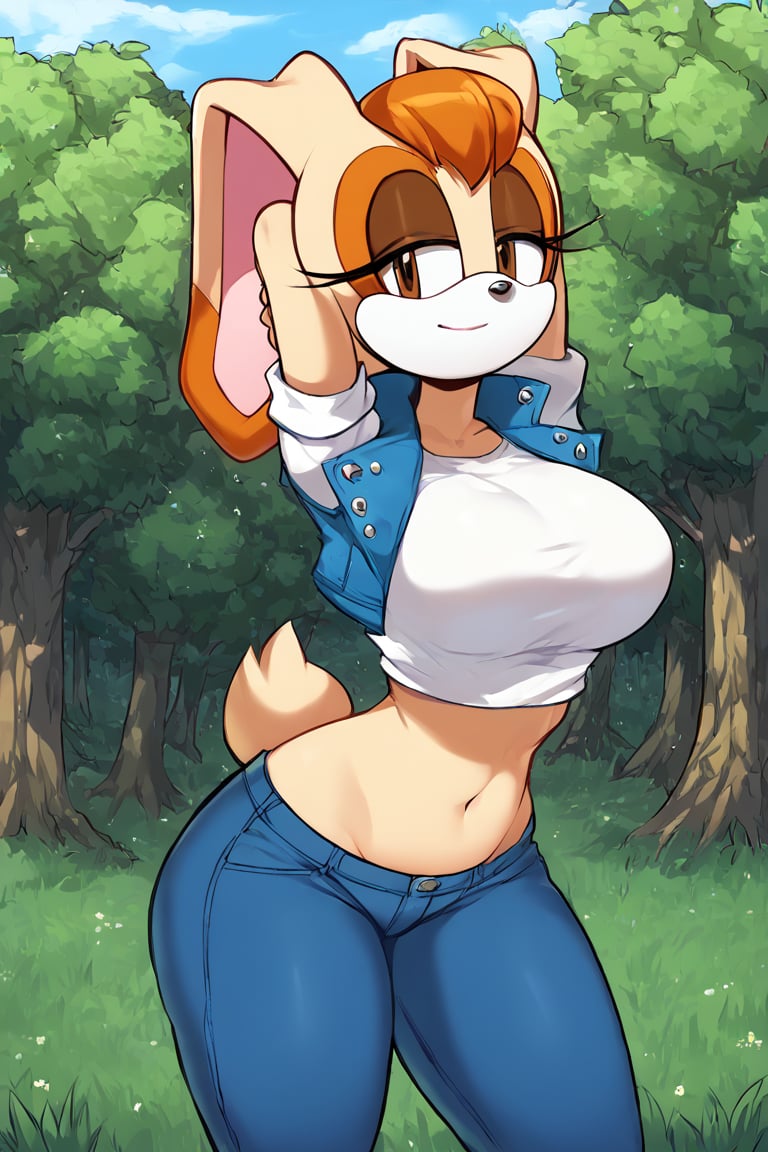 score_9, score_8_up, score_7_up, score_6_up, score_5_up, score_4_up, (Source sonic), (rating safe), vanilla the rabbit, 1girl, solo, outside, wearing blue jeans, white shirt, jacket, large breasts, brown eyes, looking at viewer, standing, outside, trees, fall weather,  , wide hips, rabbit girl, short hair, body fur, hands on hips, anime style,stomach_punch,arms up,cammystretch, stretching,flashing belly,sch00lg1rl