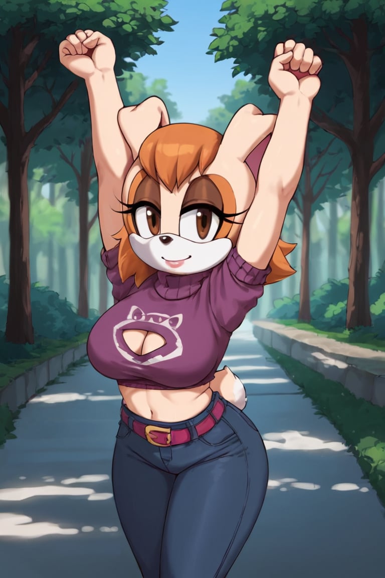 score_9, score_8_up, score_7_up, score_6_up, score_5_up, score_4_up, (Source sonic), (rating safe), vanilla the rabbit, 1girl, solo, outside, wearing black jeans, violet sweater, shirt cutout, large breasts, brown eyes, looking at viewer, standing, outside, trees, fall weather,  , wide hips, rabbit girl, short hair, body fur, dynamic pose, anime style,flashing belly,stomach_punch,cammystretch, stretching,leaning forward,arms up, RakkunVTSDXL,Big_Boobs,Huge_Boobs_Anime,skirt,belt