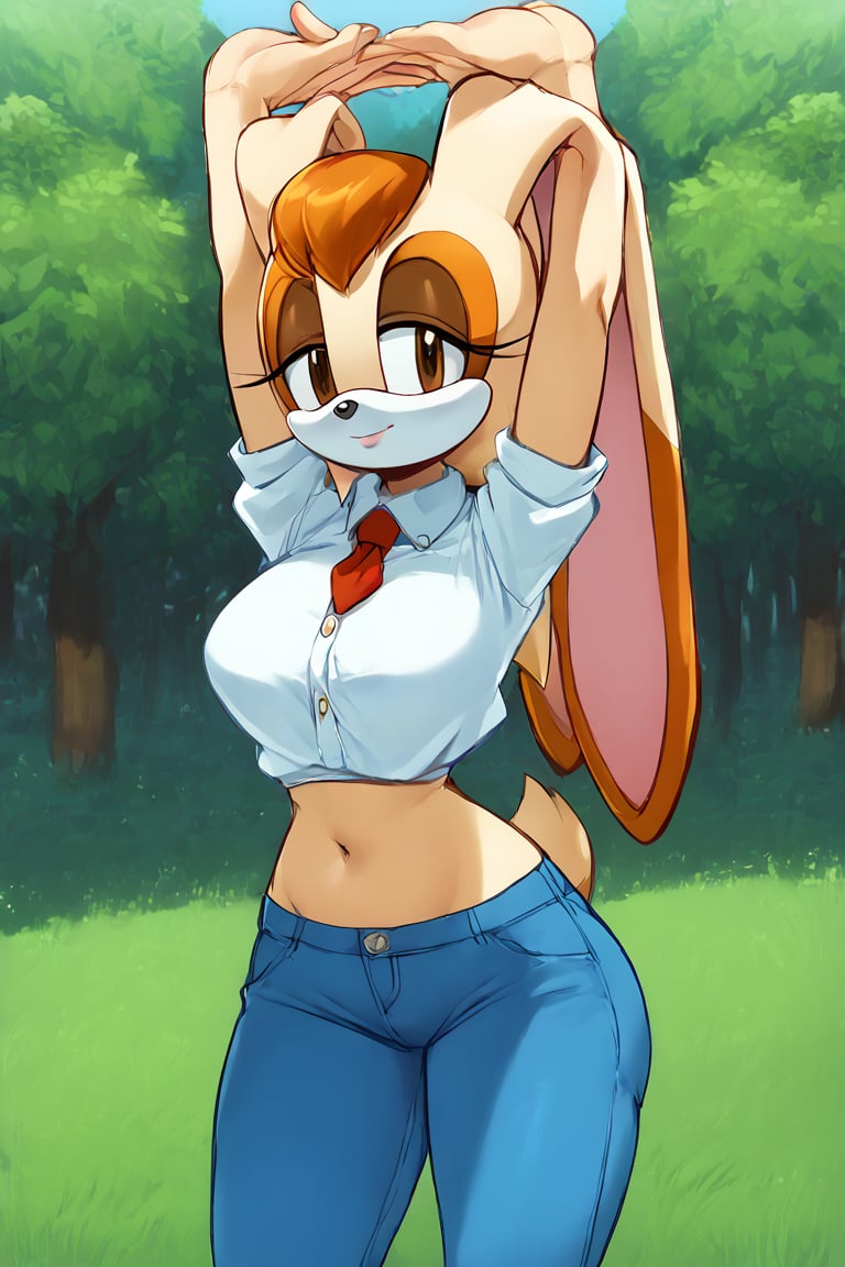 score_9, score_8_up, score_7_up, score_6_up, score_5_up, score_4_up, (Source sonic), (rating safe), vanilla the rabbit, 1girl, solo, outside, wearing blue jeans, white shirt, jacket, large breasts, brown eyes, looking at viewer, standing, outside, trees, fall weather,  , wide hips, rabbit girl, short hair, body fur, hands on hips, anime style,stomach_punch,arms up,cammystretch, stretching,flashing belly,sch00lg1rl