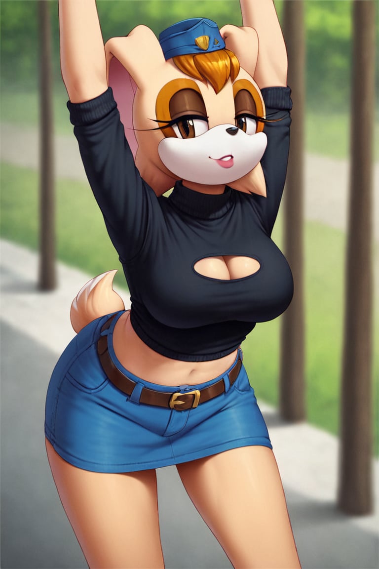 score_9, score_8_up, score_7_up, score_6_up, score_5_up, score_4_up, (Source sonic), (rating safe), vanilla the rabbit, 1girl, solo, outside, wearing blue jeans,  black sweater, shirt cutout, large breasts, brown eyes, looking at viewer, standing, outside, trees, fall weather,  , wide hips, rabbit girl, short hair, body fur, dynamic pose, anime style,flashing belly,cammystretch, stretching,leaning forward,arms up,stomach_punch,Soviet Military uniform,skirt,belt,garrison cap,Lady police 